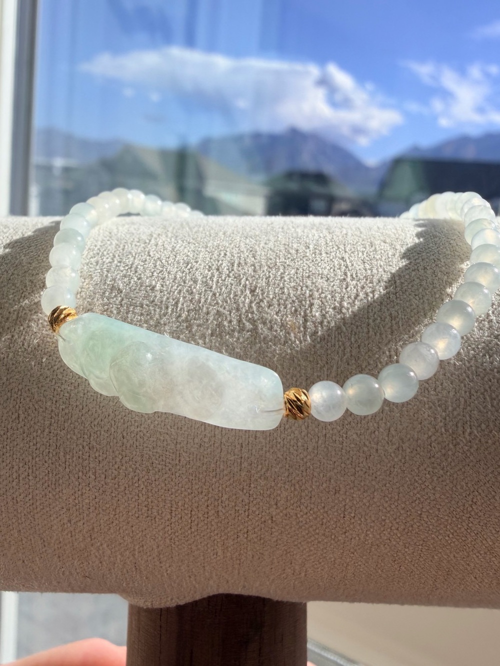 Natural Grade A Icy Jadeite Carved Floral Plaque Beaded Stretch Bracelet